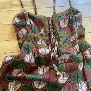 Boho Summer mini dress NWOT, lacing, lace and smocked details, green/bro…